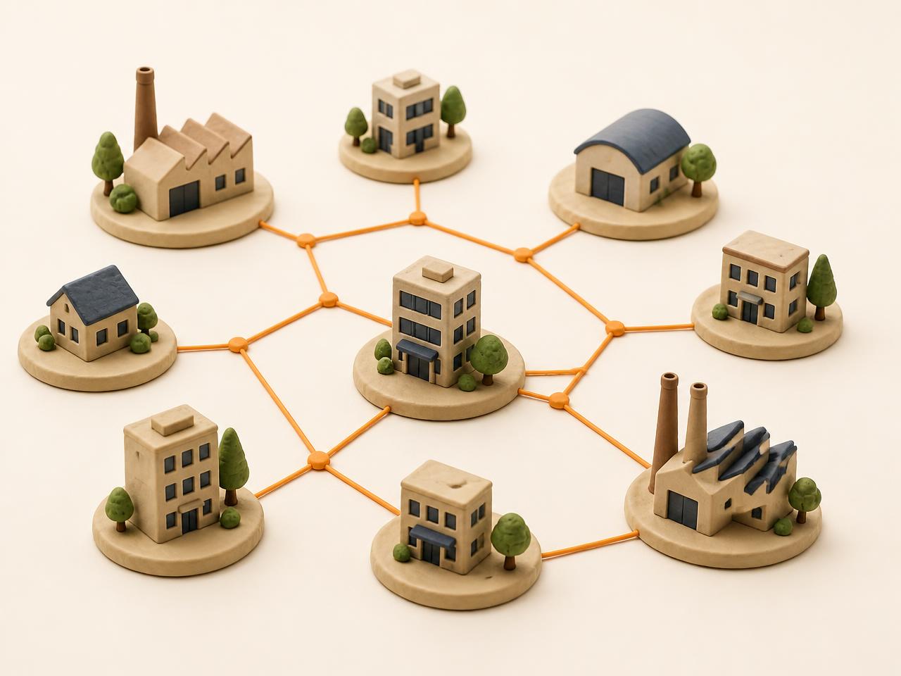Clay illustration of miniature buildings connected by orange route lines