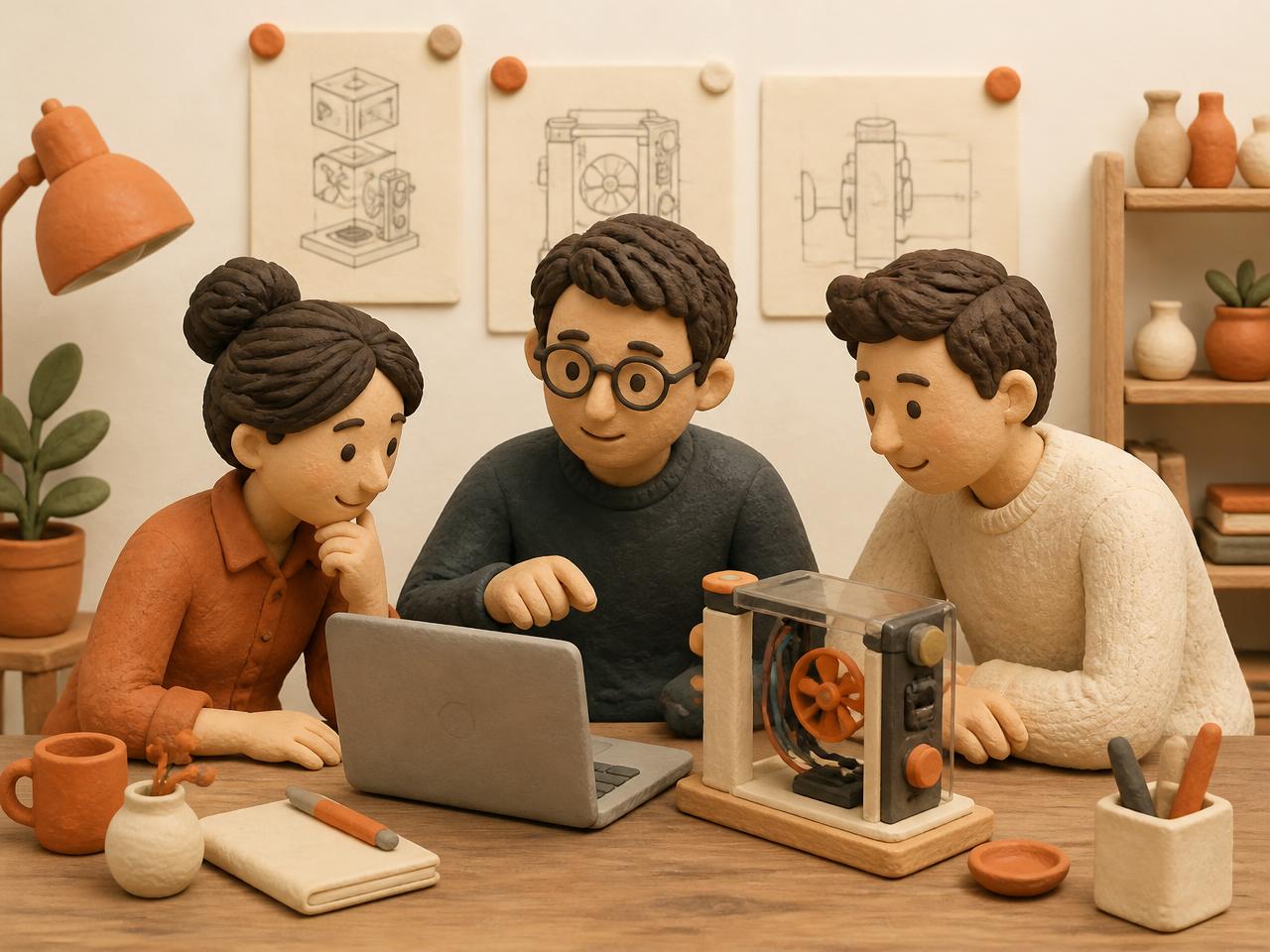 Clay illustration of three founders around a table with a laptop and a technical prototype