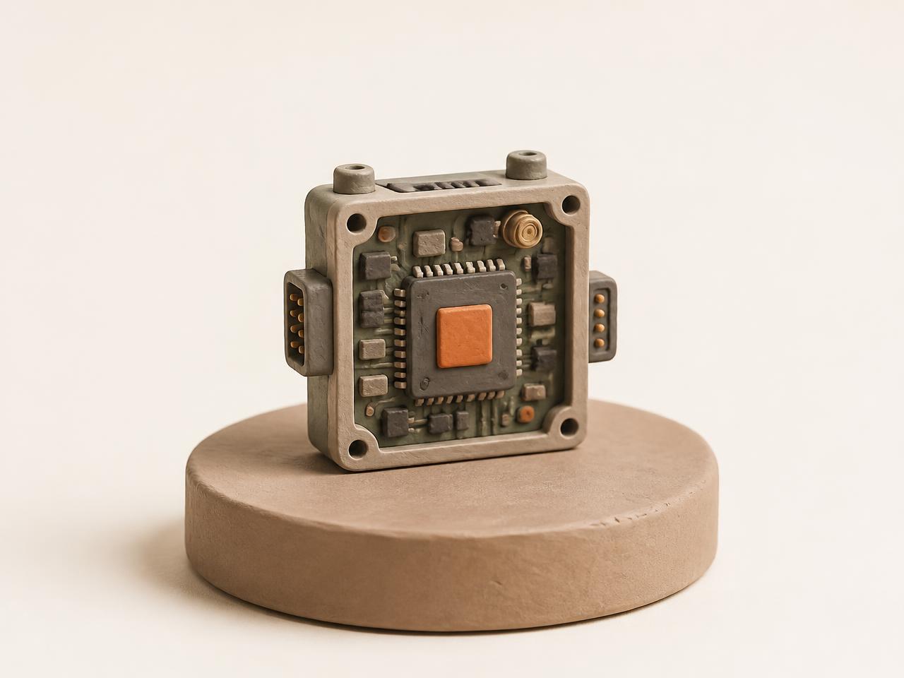 Clay illustration of a precision technical module displayed on a plinth