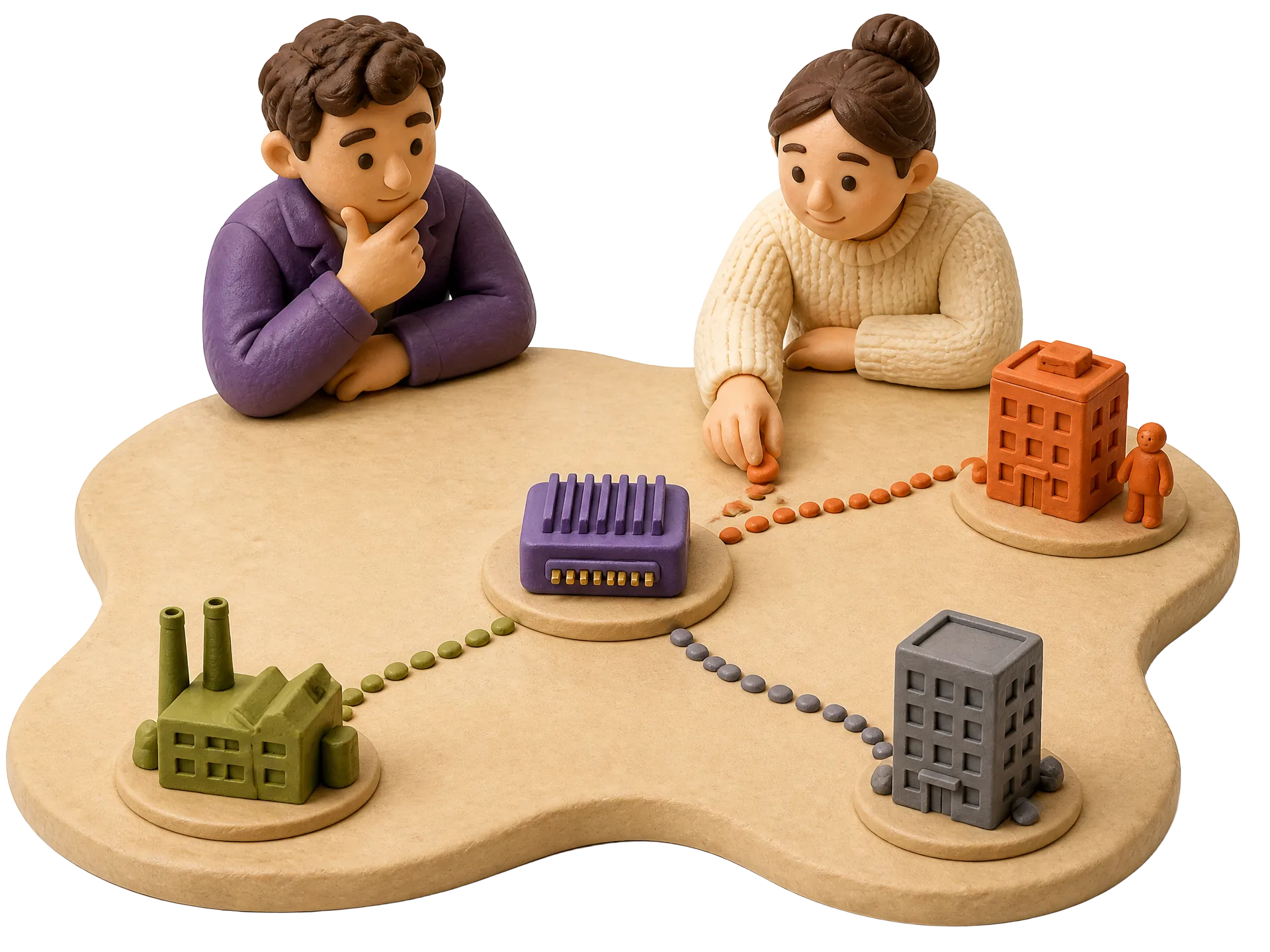 Clay illustration of two people mapping your technology to the factories, companies and buyers that need it
