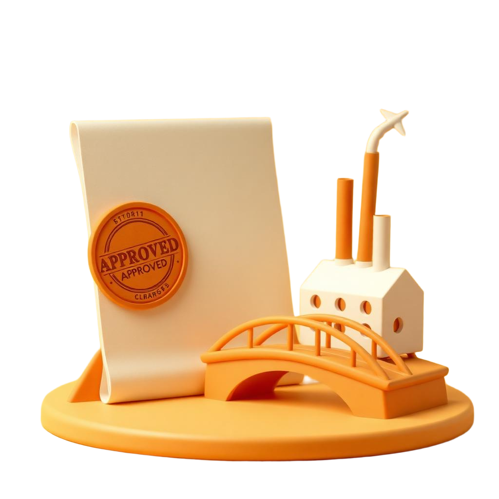 Clay illustration of a stamped contract, a bridge and a factory