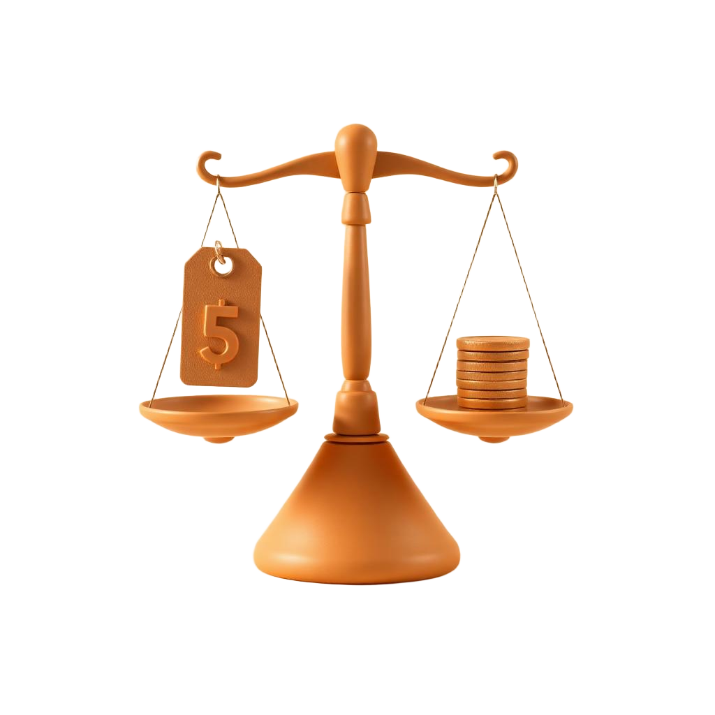 Clay illustration of a balance scale with a price tag and coins