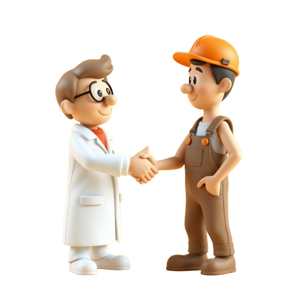 Clay illustration of a scientist and a factory worker shaking hands