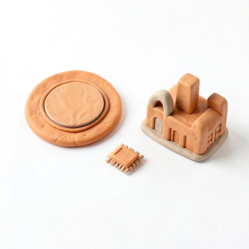 Clay illustration of a wafer, a chip package and a factory